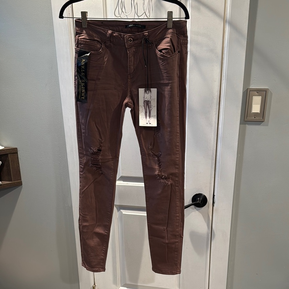 Angel Kiss Brown Skinny Jeans with Distressed Details